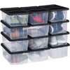 Schuhboxen Kunststoff, 12er Set, stapelbar, durchsichtige Aufbewahrungsbox mit Deckel, 12,5x20x34,5cm, schwarz