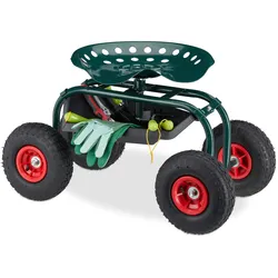 Relaxdays fahrbarer Gartensitz, höhenverstellbar, 150 kg, Stauraum, Rollsitz für Gartenarbeit, Stahl, Luftreifen, grün
