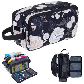 Elephant Gin Kulturbeutel Damen Kosmetiktasche Beautycase Travel Flower Washbag Reise Kulturtasche groß geräumig viele Fächer Reise Tasche Sauna (Black Flower (schwarz) 13022)