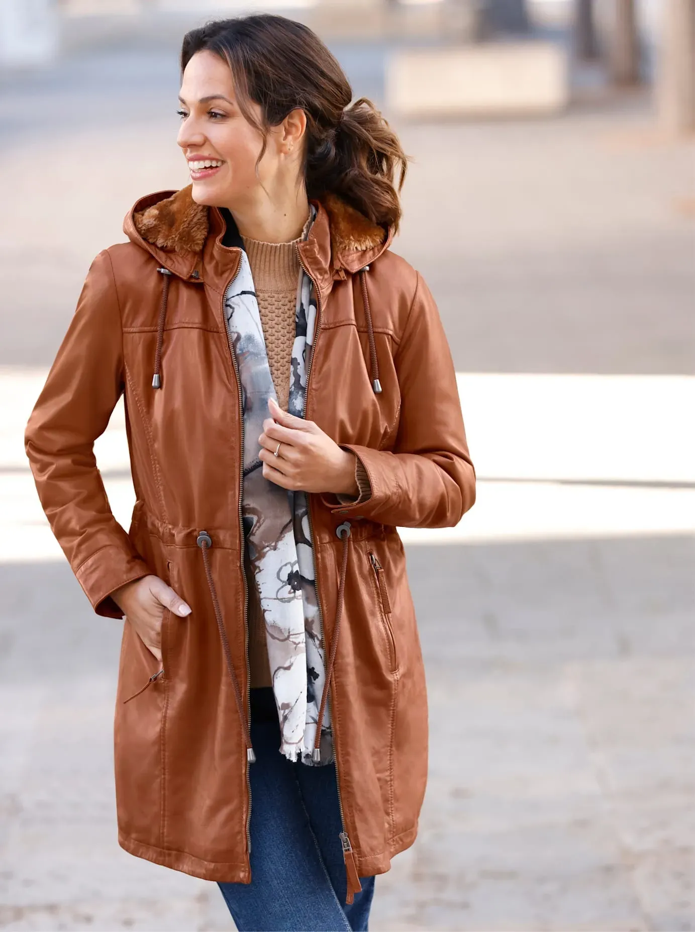 Lederjacke MAINPOL, Damen, Gr. 50, braun (cognac), 100% Lammnappaleder, Pelzimitat:100% Polyester, unifarben, Jacken