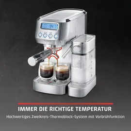 CASO Design Espresso Gourmet Latte Siebträgermaschine silber mit integriertem Milchbehälter