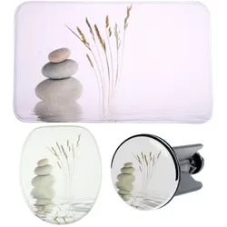 Badaccessoire-Set SANILO "Balance", beige, Holz, Badaccessoires-Sets, bestehend aus WC-Sitz, Badteppich und Waschbeckenstöpsel