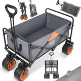 Sumasoma Bollerwagen Faltbar 120L 150KG mit Bremsen, Faltbarer Bollerwagen Handwagen Geländereifen, Zusammenfaltbar aus 4 Richtungen, - Grau