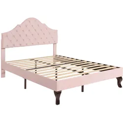 Merax Polsterbett 140x200 Doppelbett aus Samt mit Höhenverstellbares Kopfteil & Lattenrost Rosa
