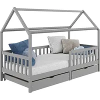 Idimex Hausbett NUNA aus massiver Kiefer, Montessori Bett in 90 x 200 cm mit Rausfallschutz, Spielbett mit Schubladen, modernes Kinderbett mit Dach in grau