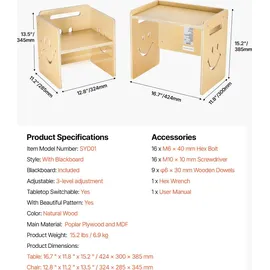 Vevor Montessori Tisch Stuhlset Kleinkindertischset (mit Tafel) aus Holz für 1–5-Jährige, höhenverstellbarer Kinderstuhl Aktivitätstisch Spieltisch, ideal zum Lesen Essen Spielen – Natur