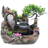 Zimmerbrunnen Tischbrunnen LED Wasserfall Desktop Springbrunnen Beleuchtung Luftbefeuchter Geschenk Dekoration 30 x 18 x 26 cm mit Pflanzen Steingarten und Nebel Große Fischteich