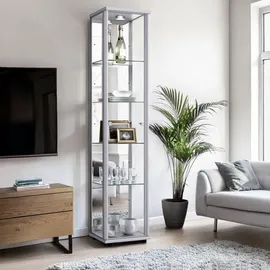 K-Möbel Glasvitrine Silber Glas, 4 höhenverstellbaren Glasböden, Spiegel LED - Standvitrine - Vitrinenschrank Silber