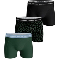 BJÖRN BORG Herren Boxershorts 3er Pack - Unterwäsche, Shorts, Cotton Stretch, Gummibund, Logo, Muster, einfarbig Grün/Schwarz S