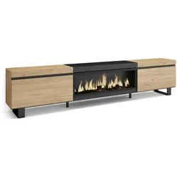 SKRAUT HOME Wohnzimmer TV-Schrank, viel Stauraum, 267x35x57cm, Großes TV-Format, XXL-Elektrokamin, Industriedesign, Eiche und Schwarz - 491_22