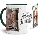 Tasse - Lieblings-Patentante - zum selbst Gestalten mit zwei Fotos - Fototasse für die Patentante - Keramik, Innen & Henkel Dunkelgrün, 300 ml