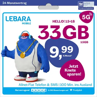 LEBARA Handytarif Hello! 15+18 | 33 GB Datenvolumen | 9,99€ mtl. | 5G mit bis zu 50 Mbit/s | Allnet-Flat Telefonie & SMS Deutschland inkl. EU-Roaming | 100 Auslandsminuten