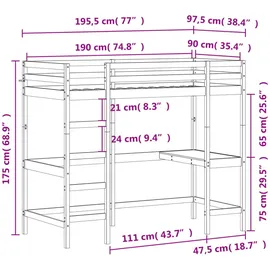 vidaXL Hochbett mit Schreibtisch 90x190 cm Massivholz Kiefer