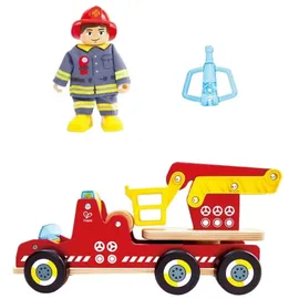 HaPe Feuerwehrauto mit Sirene - mit Feuerwehrmann-Figur, Spielzeugauto, Feuerwehrauto mit drehbarer Leiter & Zubehör, aus Holz, Rollenspielzeug für Kinder ab 2 Jahren