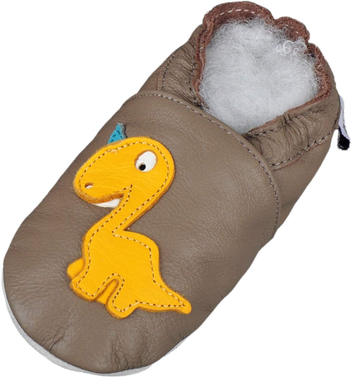 Dino 3 Beige Braun Wildleder Lappade Dino Geckos Löwe Lederpuschen Hausschuhe Krabbelschuhe Baby Lauflernschuhe mit Ledersohle (Gr. 21/22 EU L, Art. 74)