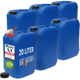 plasteo Wasserkanister 20 Liter, 6er Set Trinkwasserkanister mit Hahn & Schraubdeckel DIN 61, BPA-frei, Lebensmittelecht, Made in Germany, Blau