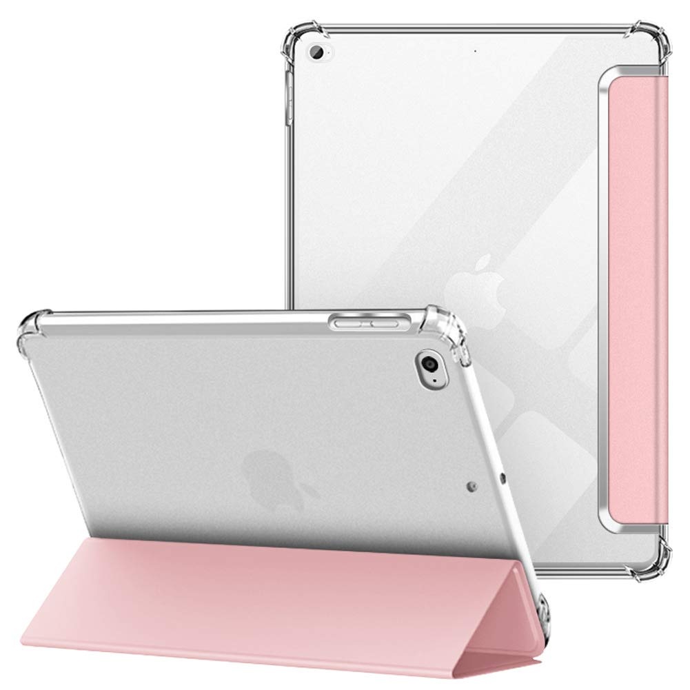 VAGHVEO Hülle für iPad 2018 2017 9,7 Zoll/iPad Air 1 2, Flexibel Weiche Transparente TPU-Schutzhülle Stoßfeste Rückseite Cover Ständer Klare Leder iPad Hüllen für Apple iPad 6. / 5. Generation, Pink