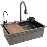 Küchenspüle - Doppelbecken aus Edelstahl - Mit Armatur - Ausziehbare Brause - 2 Loch - Wasserfall-Design - 68×45×21 cm - Schwarz