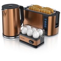 Arendo Frühstücks-Set (3-tlg), Wasserkocher 1,5l, 4-Scheiben Toaster, 6er Eierkocher, Kupfer beige