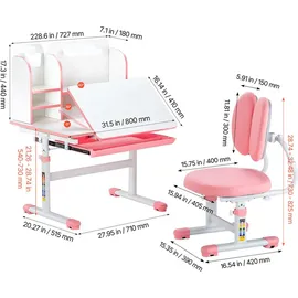 Vevor Kinderschreibtisch mit Stuhl höhenverstellbar 54-73 cm MDF rosa