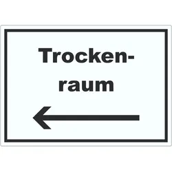 Trockenraum Aufkleber mit Text und Richtungspfeil links Wäsche trocknen waagerecht A2 (420x594mm)