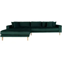 Lido Chaiselongue Sofa linksgewendet velour inkl. 4 dekorative Kissen, grün.