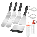Intirilife 9-teiliges Grillbesteck Set Edelstahl - 2 Spatel, 2 Flaschen, 2 Eierringe, 1 Hamburger Wender, 1 Schaber und 1 Teigkarte BBQ Zubehör für Garten Camping Grillwerkzeug Plancha Kit