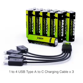 Verico LoopEnergy AA - Wiederaufladbare USB-C Batterie AA 1,5V 2550mWh 1700mAh Li-Ion, USB-C , 12er Pack AA, 3 Stück Kabel USB-A auf 4 x US