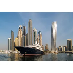 Fototapete PAPERMOON "DUBAI-JACHT HAFEN MEER STADT VAE BURJ KHALIFA SKYLINE", bunt, B:4,00m L:2,60m, Vlies, Tapeten