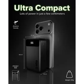 SBS Compact PowerBank, 20000mAh, 20W Power Delivery (PD 3.0 PPS), AFC, Powerbank mit Schnelllade, LCD-Display, USB-C, USB-A, tragbares Reiseladegerät, kompaktes Design, Schwarz