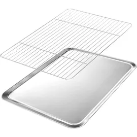 vinato Backblech mit Gitter Set aus Edelstahl - Backbleche 40x31 cm & Kühlrost, Backform Rechteckig mit Hohem Rand, Tiefes Backblech für Backofen, Spülmaschinenfest