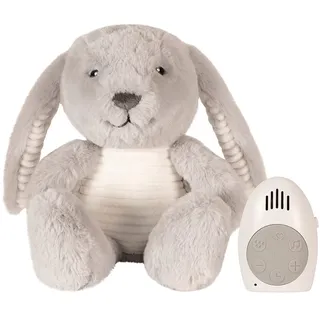 Flow Amsterdam, Kuscheltier Einschlafhilfe Babys | mit Herzschlag | Beruhigende Geräusche und Weißes Rauschen Baby | Milo der Hase | Grau | Musikalisches Plüschtier | Baby Zubehör