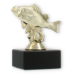 Pokal Kunststofffigur Flussbarsch gold auf schwarzem Marmorsockel 10,8cm