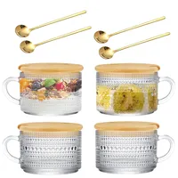 NSXIN 4er Latte Macchiato Gläser Set Kaffee Gläser, 450ml Glas Kaffeetasse mit Deckel und Löffel, Vintage Geprägter Glas Kaffeebecher für Tee, Milch, Cappuccino, Iced Americano (Kreis)