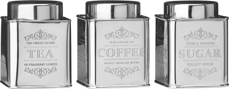 Premier Housewares Silberfarbenes Tee-, Kaffee- und Zucker-Dose-Set, stilvolle, geprägte Metall-Vorratsdosen mit Deckeln, langlebig