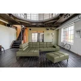 KAWOLA Sofa NELSON Ecksofa Leder olivgrün mit motorischem Sitzvorzug und Hocker Recamiere links