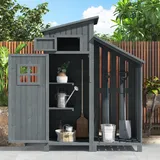 Gerätehaus Geräteschuppen mit sattelförmige Struktur PVC Dach, Gartenbox mit Fundament und 2 großen Stauraum Ablagen, Gartenbox wasserdicht Outdoor Schrank, Gartenhütte Gerätehäuser 124x46x174cm Grau