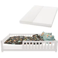 Juskys Kinderbett Naya 140x200 cm & Bett mit Matratze, Rausfallschutz & Lattenrost - Bodenbett Weiß