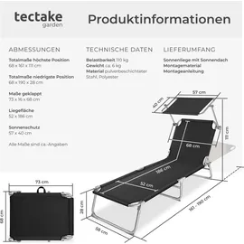 Tectake Gartenliege Viktoria 190 x 68 x 28 cm schwarz inkl. Sonnendach klappbar