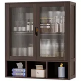 Yorbay Badezimmerschrank Hängend mit 2 Milchglastüren und Offenem Fach, Bambus Medizinschrank für Bad, Platzsparendes Wandschrank Küchenschrank, 22 x 59 x 66 cm (Braun)