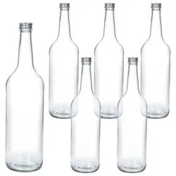 6x Geradhalsflasche 1L + Schraubverschluss Silber 1000ml Glasflasche Saft Wasser