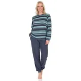 Normann Pyjama Damen Frottee Schlafanzug mit Bündchen in elegantem Streifendesign blau 40-42