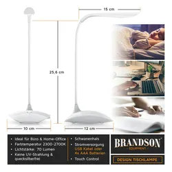 Brandson Schreibtischlampe, warmweiß, LED, Stromsparend, 3 Helligkeitsstufen, Batteriebetrieb, Lampe weiß