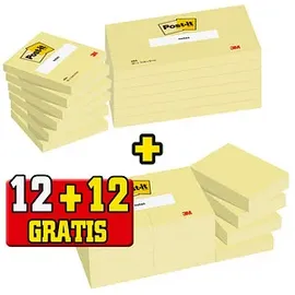 Post-it Post-it® Notes Haftnotizen-Set 654655P gelb, 12 Blöcke + GRATIS 12 Blöcke Haftnotizen 5,1 x 3,8 cm