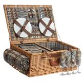 CampFeuer Picknickkorb 4 Personen mit Geschirr-Set und Kühlfach | 29-teilig | Picknickkoffer mit kariertem Innenmuster | Weidenkorb mit Kunstlederriemen | Picknicktasche, Picknick Set