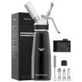 SimCoker Sahnespender 500ml,Aluminium Sahnesiphon,Schlagsahnebereiter mit Ersatzteile,Deutsche Anweisungen,Schwarz