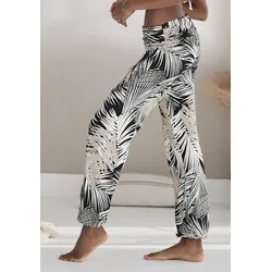 Haremshose BUFFALO, Damen, Gr. 36/38, N-Gr, schwarz (schwarz blätterdruck), Web, Obermaterial: 100% Viskose, bedruckt, modisch, bequem lang, Hosen, mit gerafftem Umschlagbund