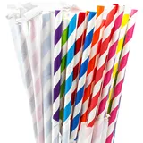 PakTalk Papierstrohhalme, 10 verschiedene gestreifte Strohhalme, einzeln verpackt, Einweg-Trinkhalme für Geburtstage, Hochzeiten, Weihnachten, Party-Dekoration (0,6 cm x 21 cm, 100 Stück)