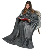 Catalonia Classy Decke mit Ärmeln und Kapuze als Geschenk für Frauen Herren, Flauschig Fleece Kuscheldecke mit Ärmeln, Cozy Warm Decke zum Anziehen Ärmeldecke Erwachsene, 185x140cm, Grau