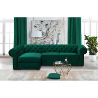 CHESTER XL – L-Form Ecksofa im Chesterfield Stil, Velourstoff KRONOS 19 Grün, mit Schlaffunktion & Bettkasten, Materialknöpfe, Ottomane links - Grün